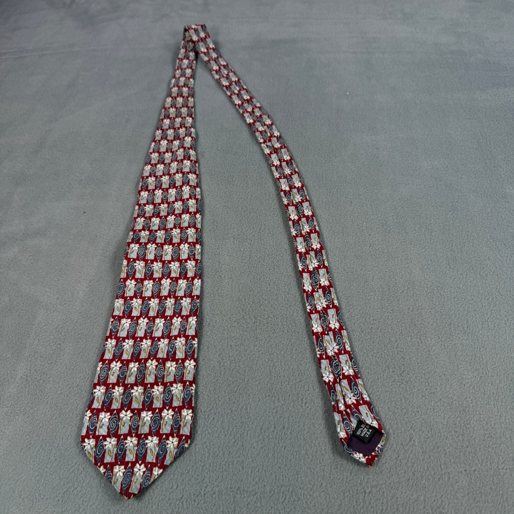 Structure Mens Silk Tie Red Blue Floral Geometric Pattern Made in USA Vintage